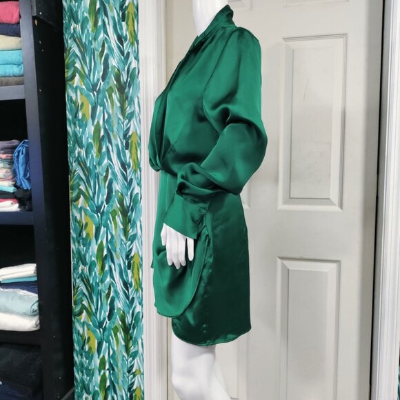 Zara Glamour Chic Collared Satin Effect Wrap Mini Dress Green Women's Medium - Picture 5 of 9